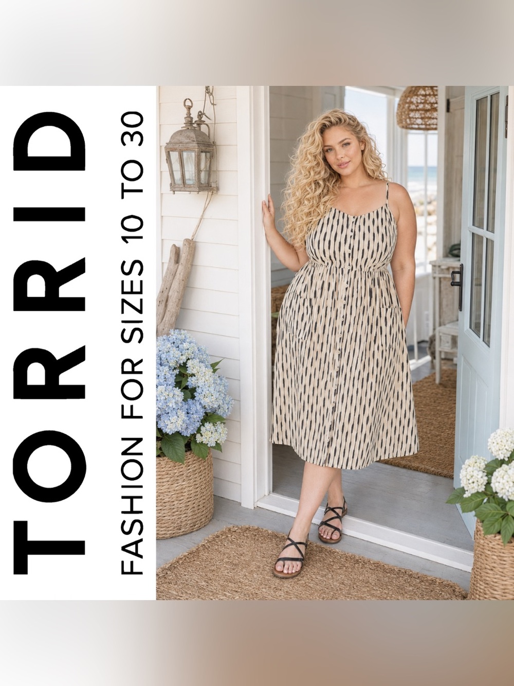 Torrid Cream & Black Cotton Midi Button-Up Sundress, Large, NWT!